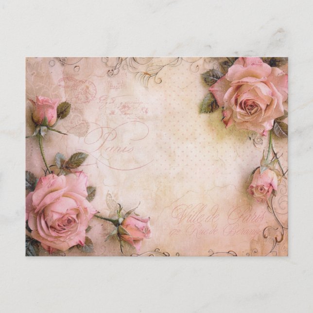 Pink Vintage Roses Decoupage Pattern  Postcard (Front)