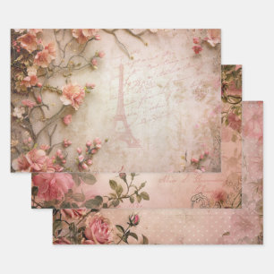 Pink Vintage Roses Decoupage Pattern  Wrapping Paper Sheet