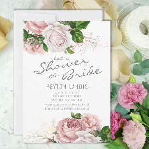 Pink Vintage Roses Floral White Bridal Shower Invitation