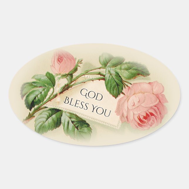 Pink Vintage Roses God Bless You Oval Sticker (Front)