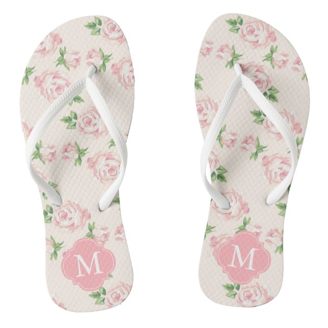 Pink Vintage Roses Monogrammed Thongs (Footbed)