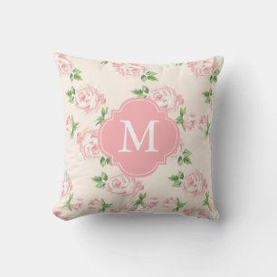 Pink Vintage Roses Pattern Monogrammed Cushion
