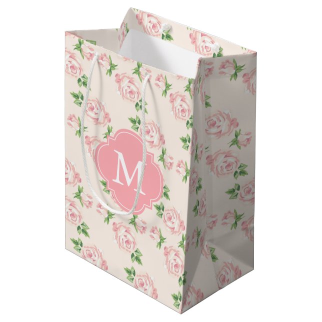 Pink Vintage Roses Pattern Monogrammed Medium Gift Bag (Front Angled)