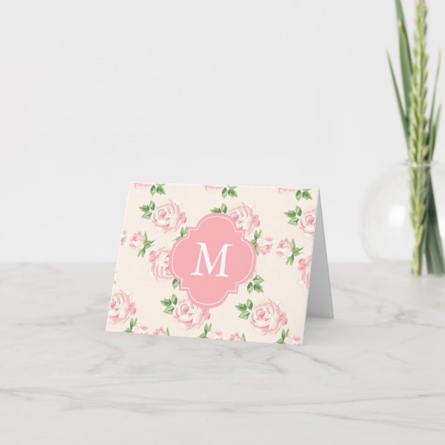 Pink Vintage Roses Pattern Monogrammed Note Card (Front)