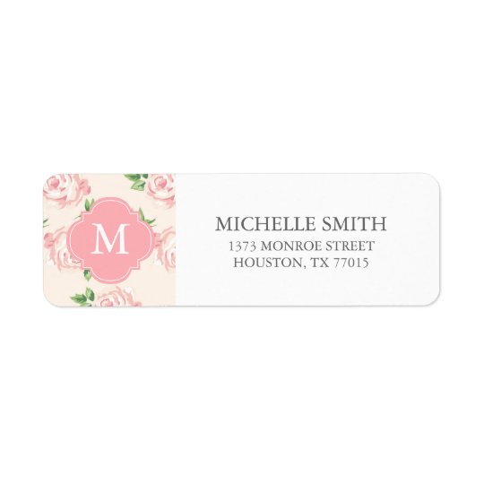 Pink Vintage Roses Pattern Monogrammed Return Address Label