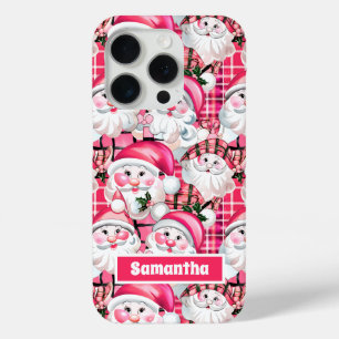 Pink Vintage Santa Claus Tartan Plaid Christmas iPhone 15 Pro Case