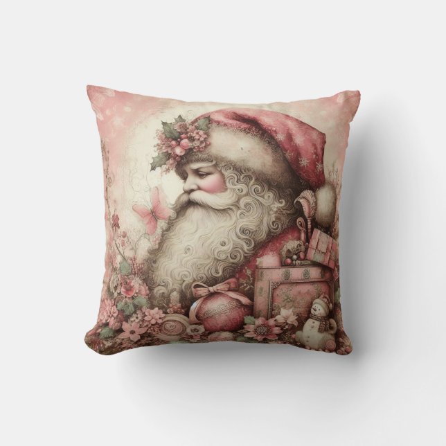 Pink Vintage Santa Throw Pillow (Front)