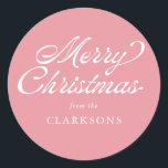 Pink Vintage Script Modern Merry Christmas Classic Round Sticker<br><div class="desc">Pink Vintage Script Modern Merry Christmas Classic Round Sticker is the perfect addition to your Christmas gifts this year,  with vintage styled script and your name.</div>