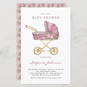 Pink Vintage Stroller Baby Shower Invitation