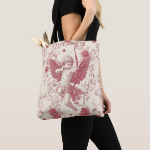 Pink Vintage-style Cupid and Roses Tote Bag