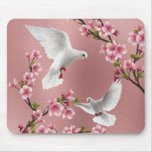 Pink Vintage Style Doves & Cherry Blossom Mouse Pad