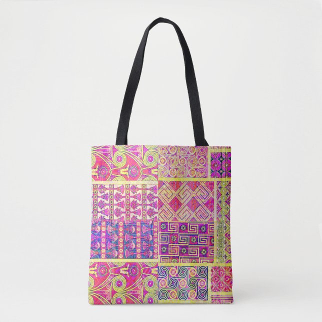 Pink Vintage Style Quilt Block Pattern Tote Bag (Front)