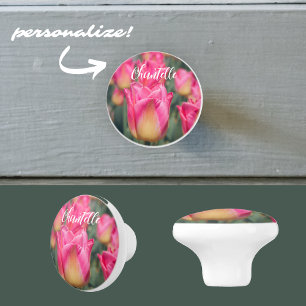 Pink vintage style spring tulips ceramic knob
