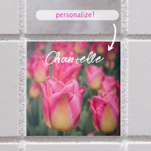 Pink vintage style spring tulips  ceramic tile