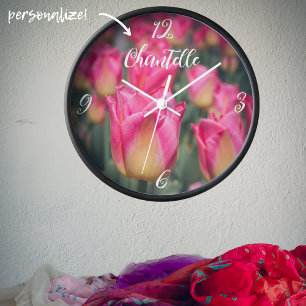 Pink vintage style spring tulips clock