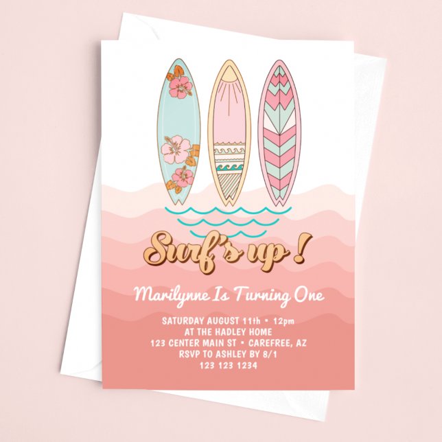 Pink Vintage Surfs Up 1st Birthday Invitation (Creator Uploaded)