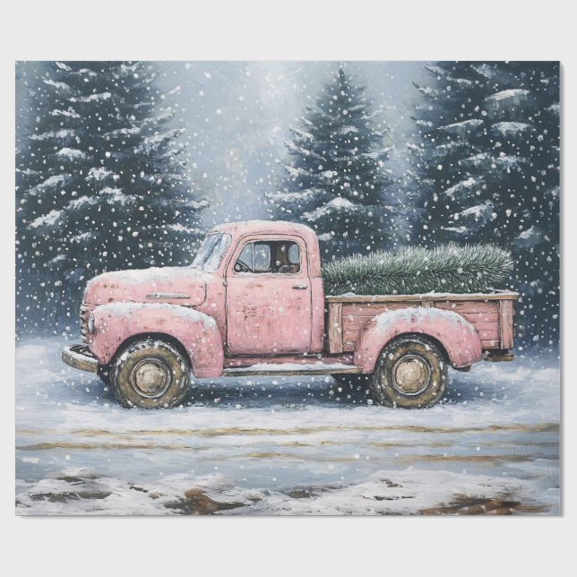 Pink Vintage Truck Christmas Tree Decoupage Wrapping Paper (Flat)
