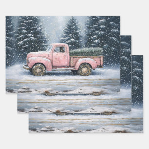 Pink Vintage Truck Christmas Tree Decoupage Wrapping Paper Sheet