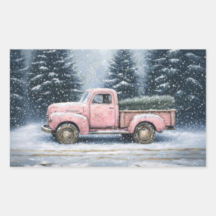 Pink Vintage Truck Christmas Tree Rectangular Sticker