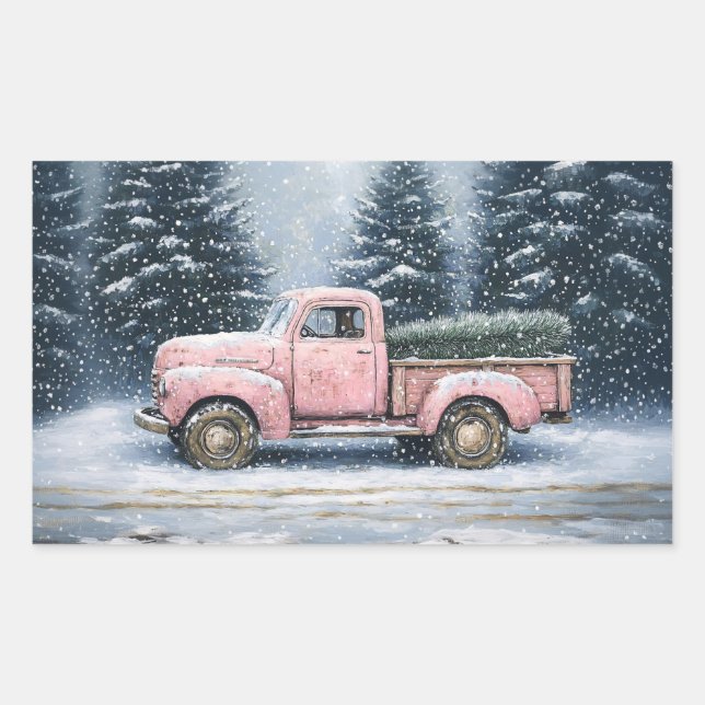 Pink Vintage Truck Christmas Tree Rectangular Sticker (Front)