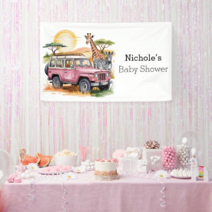 Pink Vintage Truck with Safari Animals Baby Shower Banner