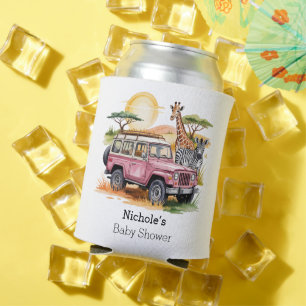 Pink Vintage Truck with Safari Animals Baby Shower Can Cooler