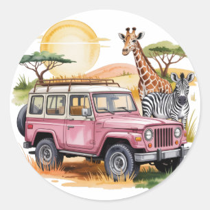 Pink Vintage Truck with Safari Animals Baby Shower Classic Round Sticker