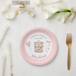 Pink Vintage Watercolor Horse Carousel Baby Shower Paper Plate