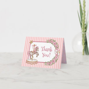 Pink Vintage Watercolor Horse Carousel Baby Shower Thank You Card