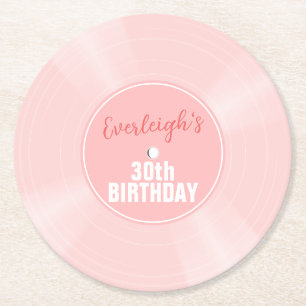 Pink Vinyl Record Music Personalised Birthday Round Paper Coaster