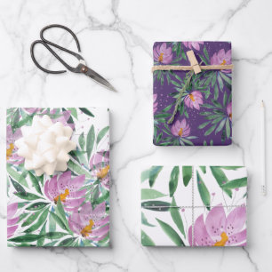 Pink Violet Flowers Bloom Watercolor Art Wrapping Paper Sheet