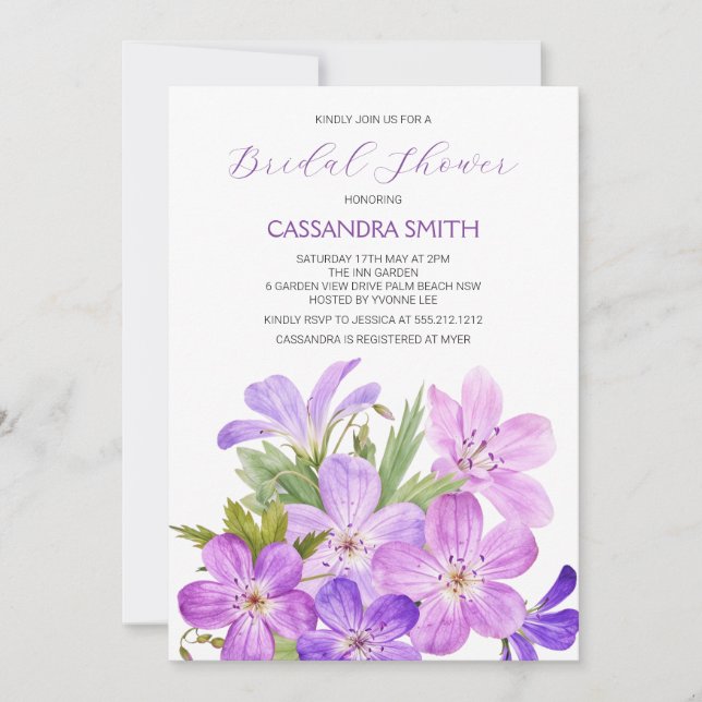 Pink Violet Geranium Floral Bridal Shower  Invitation (Front)