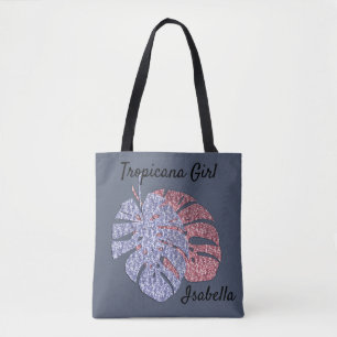 Pink violet glitter shine monstera tropical leaves tote bag