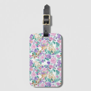 Pink Violet Purple Gold Watercolor Flowers Leaves Luggage Tag