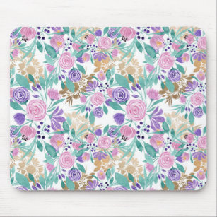 Pink Violet Purple Gold Watercolor Flowers Leaves Mouse Pad
