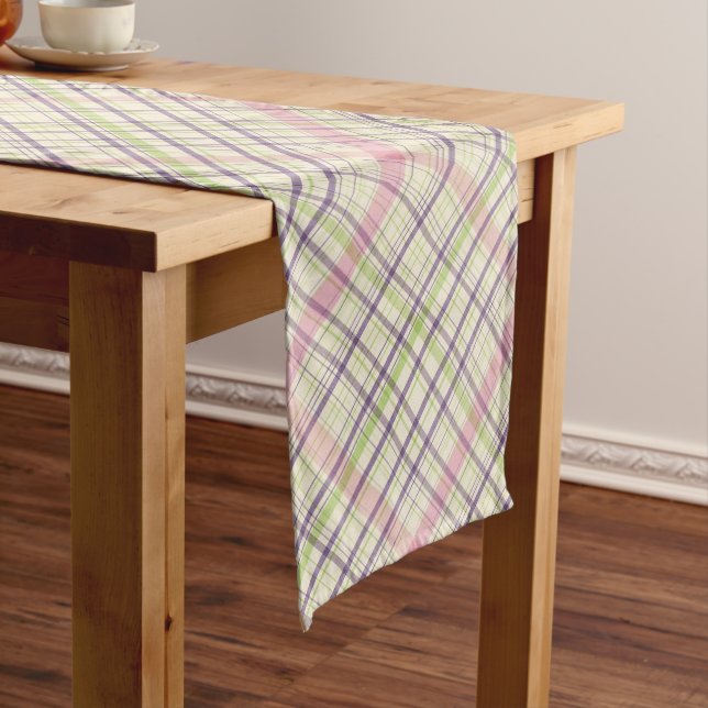 Pink Violet Purple Lime Green Plaid Pattern Medium Table Runner (In Situ)