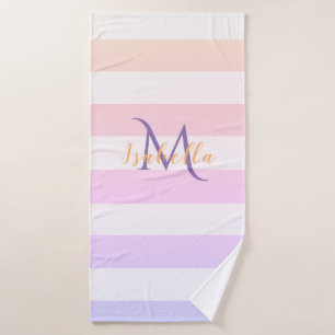 Pink violet stripes monogram name bath towel set