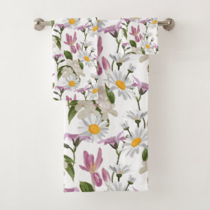 Pink violet tropical daisy and lily wildflowers bath towel set