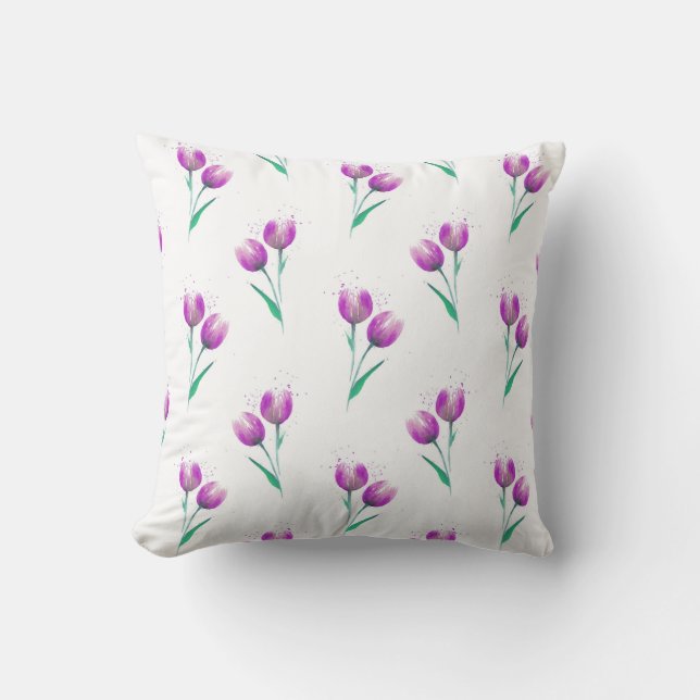Pink Violet Tulips Watercolor Pattern Cushion (Front)