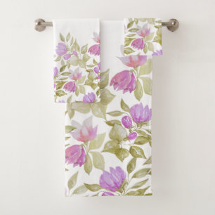 Pink Violet Watercolor Flowers Hand-painted Bath Towel Set