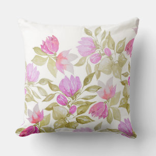 Pink Violet Watercolor Flowers Hand-painted Cushion