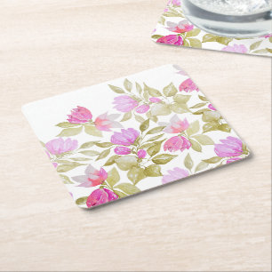 Pink Violet Watercolor Flowers Hand-painted Square Paper Coaster