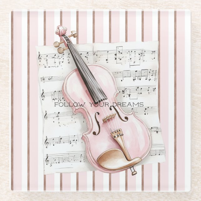Pink Violin Music Sheet Glass Coaster (Front)