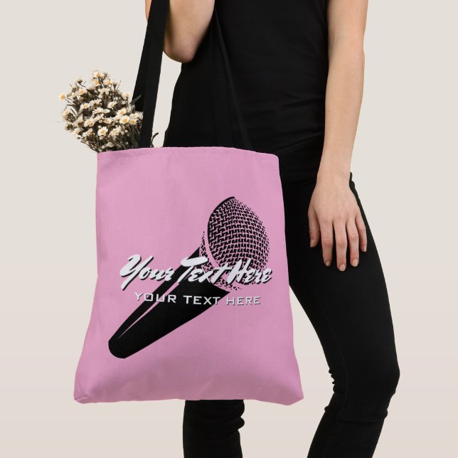 Pink vocal microphone mic design personalised tote bag (Close Up)