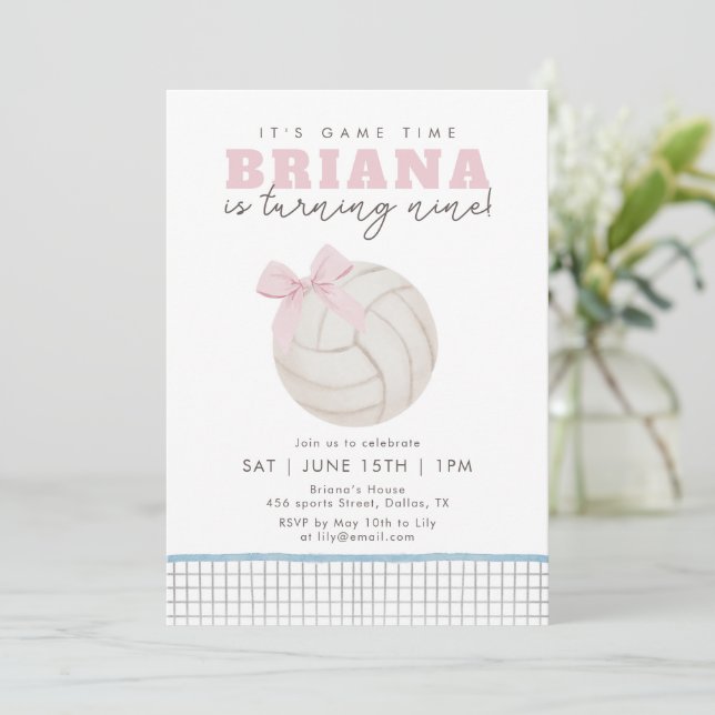 Pink Volleyball Birthday Invitation Coquette Bow  (Standing Front)