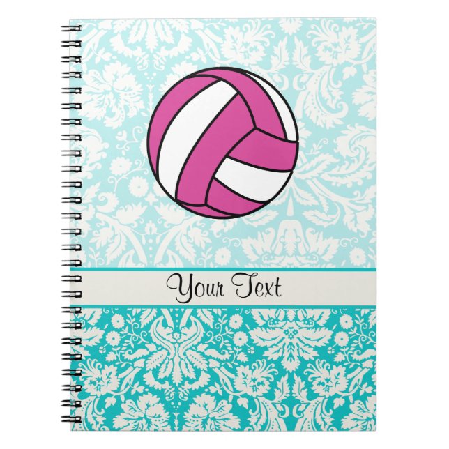 Pink Volleyball; Damask Pattern Notebook (Front)