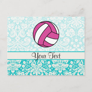 Pink Volleyball; Damask Pattern Postcard