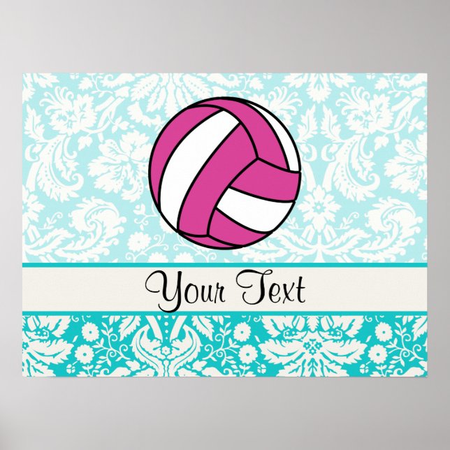 Pink Volleyball; Damask Pattern Poster (Front)