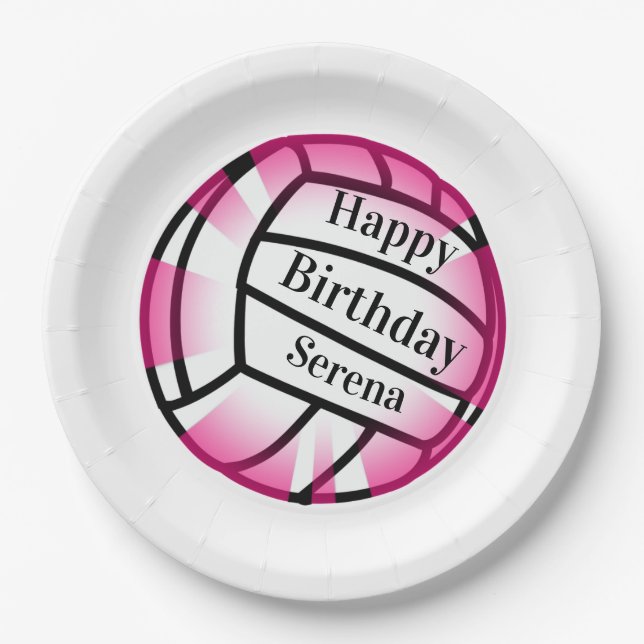 Pink Volleyball Happy Birthday Custom Paper Party Plate (Front)