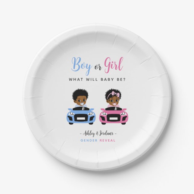 Pink vs Blue Baby Car Race Gender Reveal Plates (Front)